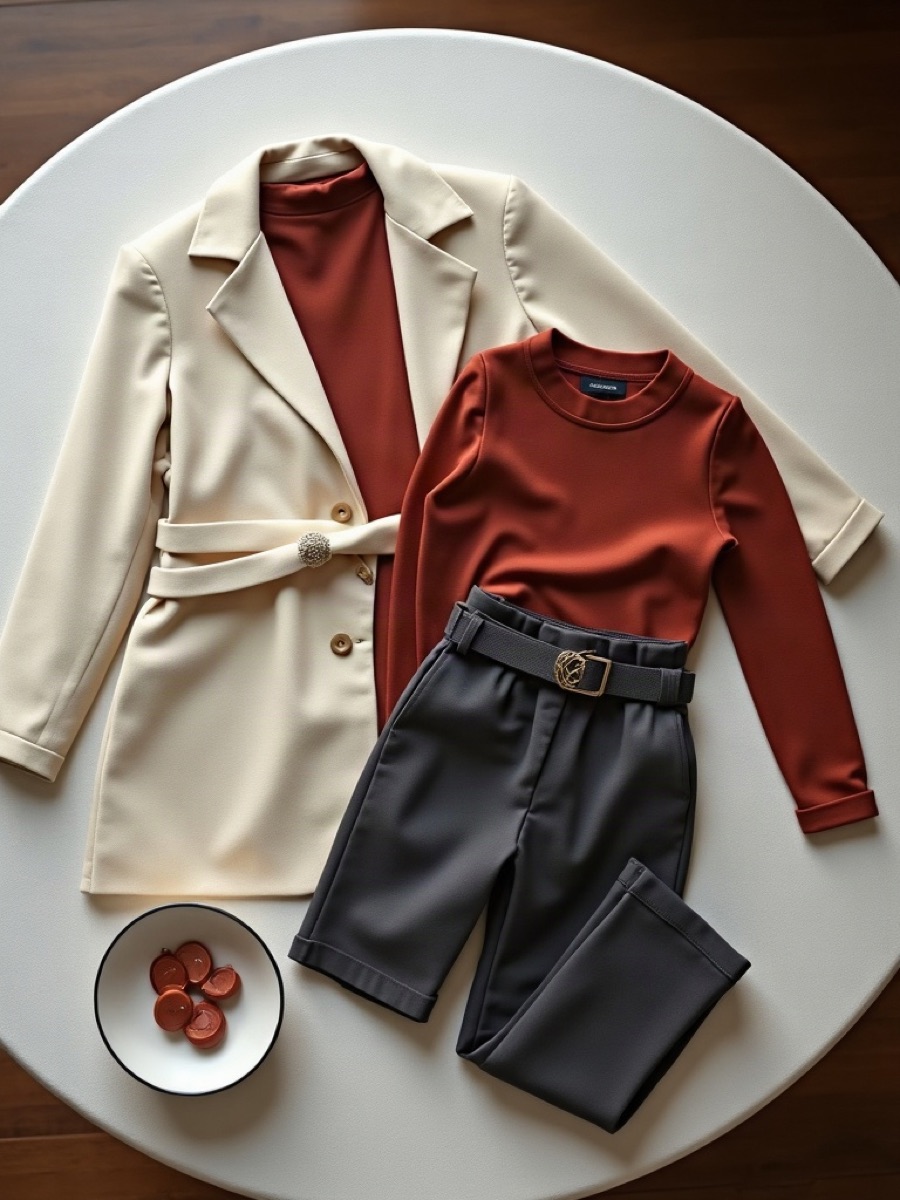 A short capsule of coat, tops, trousers, and earrings on linen