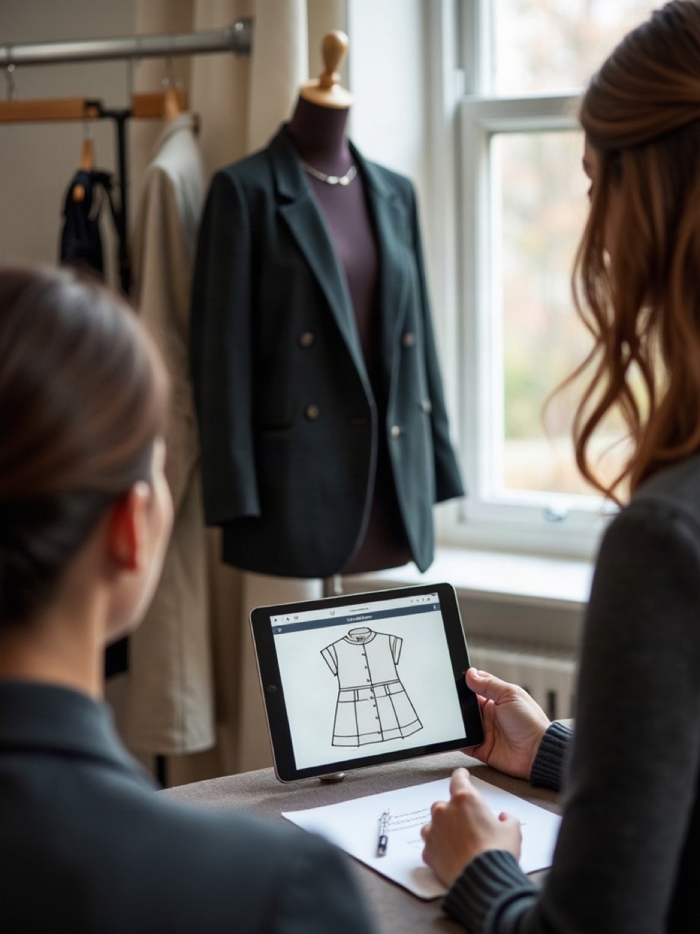 Stylist and client at the in-showroom digital fitting desk