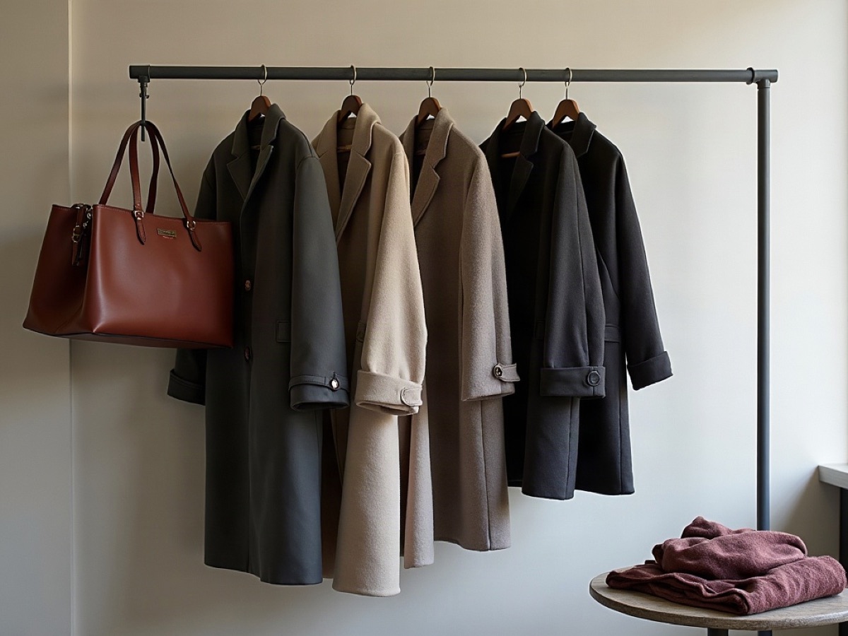 Seasonal coats, dresses, and bags on a slim rail