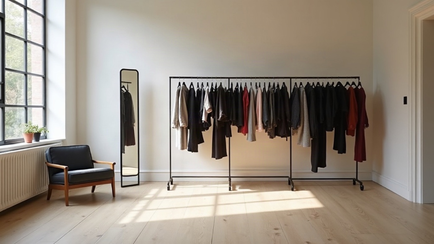 Wide view of the flagship interior with two clothing rails